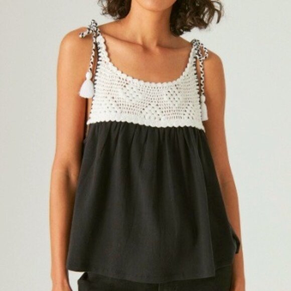 LUCKY BRAND BOHO CROCHET SWING TANK BLACK & WHITE TASSEL TIES SIZE XL NWOT - Picture 1 of 8